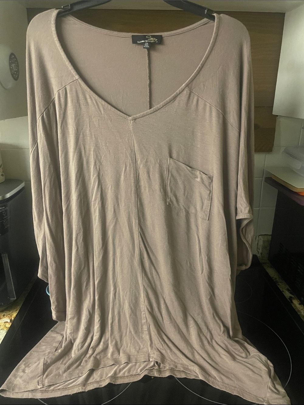 Suzanne Betro boho Taupe Dolman V-Neck Tunic top with Chest Pocket